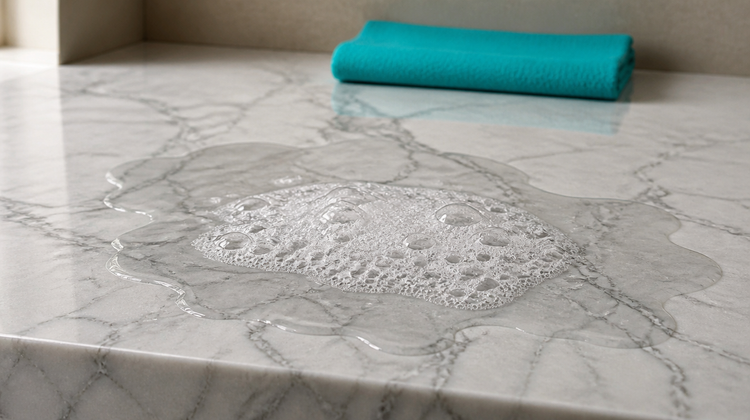Macro of a thin spill of clear water and fine white cleanser lather lying on a polished white marble countertop, with the grey veining visible through the water