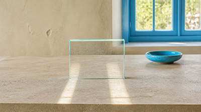 An upright pane of clear glass on pale limestone with low daylight passing through it and falling on the stone as two separate bands of light, beside a sky-blue glazed dish and a blue-framed casement window