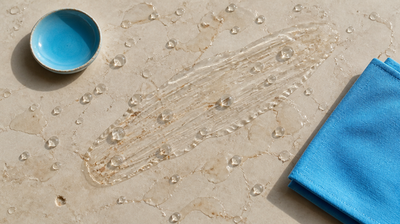 Overhead view of a thick clear jelly smear on pale marble where water sits in tall rounded beads, next to bare stone where the same water spreads flat and soaks in, with a sky-blue glazed bowl and folded blue linen
