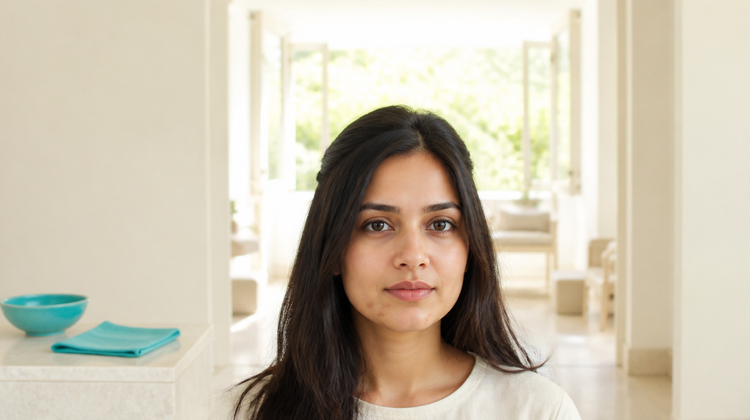 A woman standing calmly away from the mirror in a bright daylit room, hands out of frame, with a turquoise glazed bowl and folded turquoise linen on a stone plinth beside her