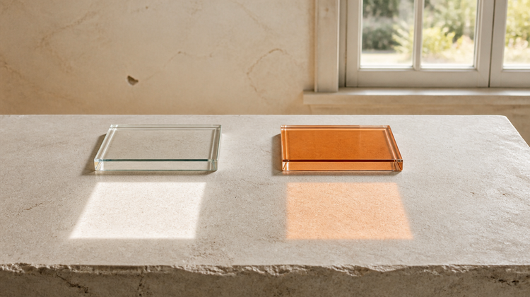 Two thick glass panes on pale stone, one clear and one amber-tinted, each casting a patch of transmitted sunlight - the clear pane's patch bright and neutral, the tinted pane's noticeably dimmer and warm, showing how a tint filters visible light.