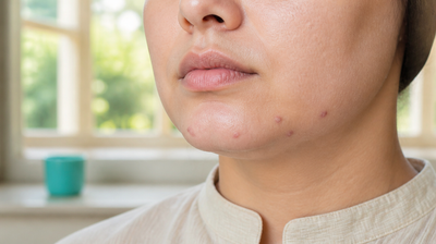 Close view of the lower face showing small acne papules clustered in a band along the jawline and chin while the upper cheek above stays clear, illustrating how breakouts group by zone.