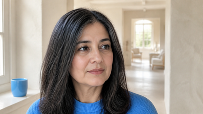 A woman in her early fifties in soft morning daylight, silver threading through dark hair, skin matt with visible fine lines, looking quietly away from the window.