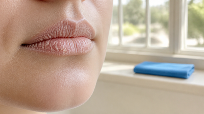 Close view of bare, matt lips showing fine vertical creases and small flakes of lifting dry skin, with a sunlit window and sill behind.