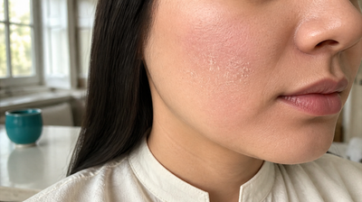 Close view of a cheek and jawline showing fine pale flaking and a soft diffuse pink flush - the mild adjustment reaction skin can have to an exfoliating acid.
