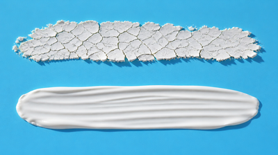 Two swatches of white cream on a blue tile: an upper one dried chalky and cracked into lifting plates, a lower one smooth and softly lustrous with soft ridges.