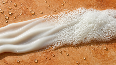 A ribbon of pearly white body wash on wet terracotta stone, changing from dense gel at one end to airy lather at the other, with scattered water droplets