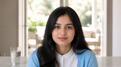 Young Indian woman at home by an open window in a pale blue cardigan with a glass of water, skin comfortable and hydrated after a long flight