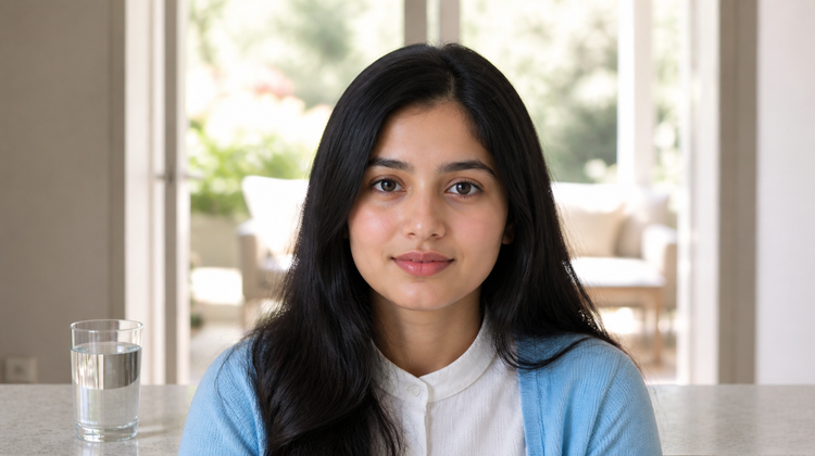Young Indian woman at home by an open window in a pale blue cardigan with a glass of water, skin comfortable and hydrated after a long flight