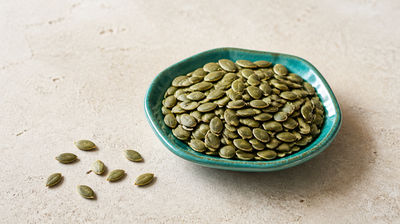 Shelled green pumpkin seeds, a dietary source of zinc, heaped in a teal ceramic dish on pale stone