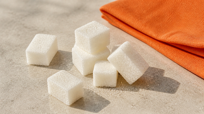 White sugar cubes scattered on pale stone beside a folded orange linen cloth, lit by low directional daylight