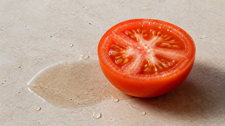 A tomato cut in half, cut side up on pale stone, with a small spill of its clear juice beside it