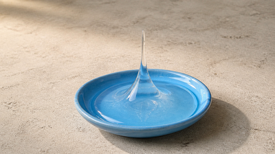 Clear elastic gel in a sky-blue ceramic dish with one transparent peak drawn up from its surface