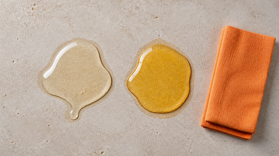 Two pools of viscous golden serum on pale stone, the right noticeably deeper in colour, beside a folded orange napkin