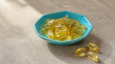 Translucent honey-gold omega-3 softgel capsules heaped in a bright turquoise ceramic dish on pale stone