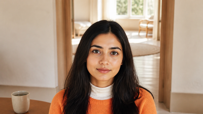 A woman in an orange sweater in a sunlit Indian home, looking calmly at the camera with freshly hydrated skin