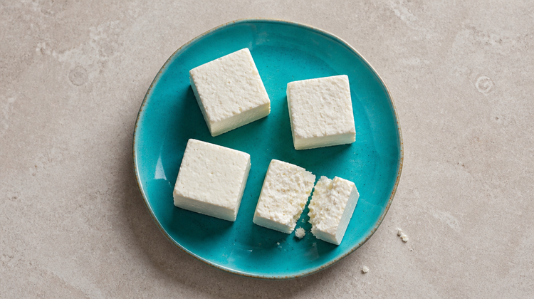 Knife-cut cubes of fresh Indian paneer on a teal ceramic plate, one broken open to show its crumbly white interior