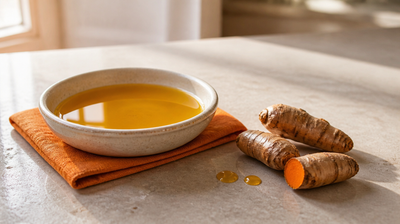 A pale ceramic dish of golden turmeric-infused oil on orange linen beside fresh turmeric roots, one cut to show orange flesh
