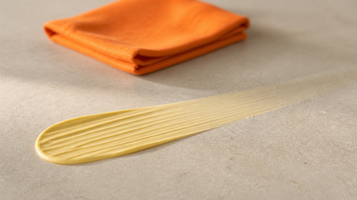 A long textured swipe of pale golden turmeric face cream spread on honed stone, with folded orange linen behind