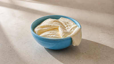 A sky-blue ceramic bowl of fresh ivory malai, the cream from boiled milk, with a soft fold draped over its rim