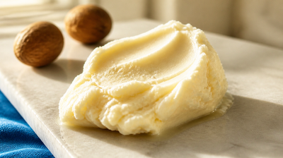 A scoop of raw unrefined shea butter on pale marble beside two whole shea nuts