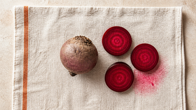 Overhead flat-lay of a whole raw beetroot and three crosswise slices showing deep crimson rings, with a pink juice stain on linen