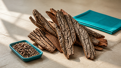 Dried willow bark slabs with deep vertical furrows beside a teal ceramic tray of coarsely ground bark on honed stone