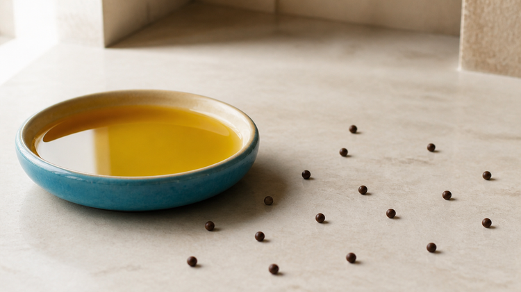 Amber-gold mustard oil in a blue-glazed ceramic dish on pale stone, with whole mustard seeds scattered beside it