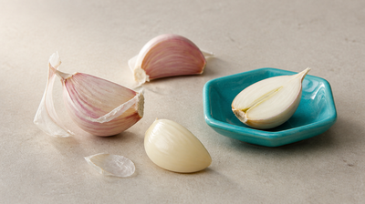 Raw garlic cloves, one peeled and one halved, beside a teal-green ceramic dish on pale stone