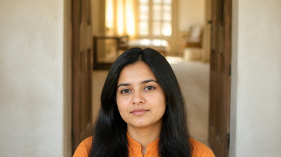 Young Indian woman with calm, even skin in soft daylight, wearing an orange kurta, in front of an open doorway