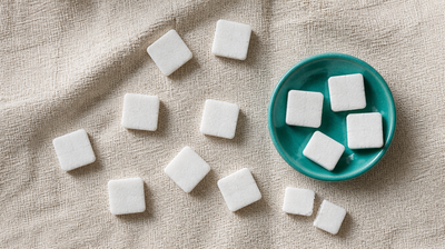 Square white camphor (kapur) tablets scattered on raw linen and in a teal-green ceramic dish