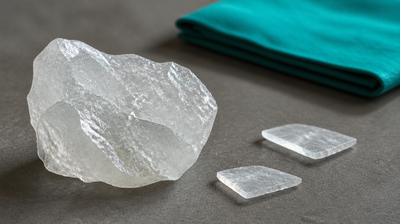 A raw lump of fitkari (potassium alum) crystal with two broken shards on grey slate, teal linen behind