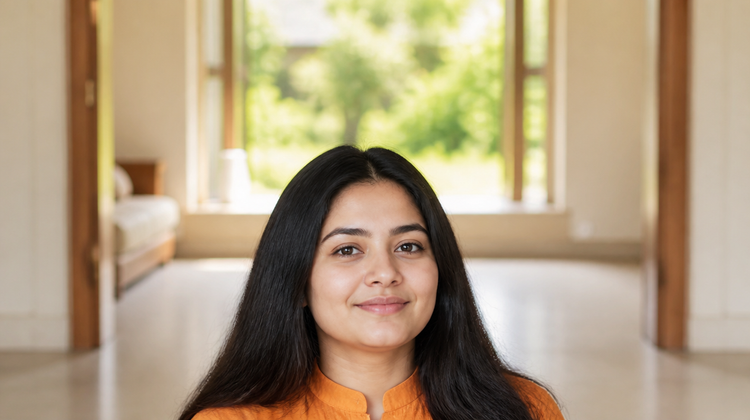 Young Indian woman in an orange kurta with fresh, evenly hydrated skin after her morning CTMP skincare routine, sunlit window behind her