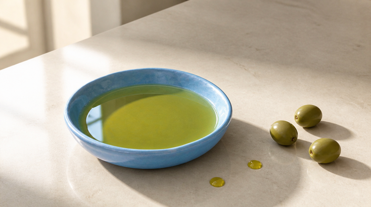 Golden-green extra virgin olive oil in a sky-blue ceramic dish beside three green olives on a stone counter