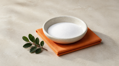 Fine white alpha arbutin powder in a ceramic dish on orange linen beside a sprig of bearberry leaves, the plant arbutin comes from