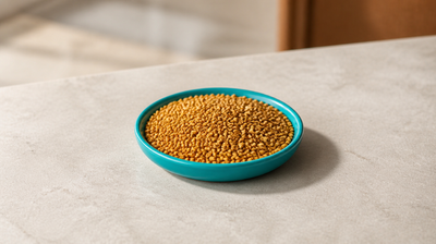 Golden methi (fenugreek) seeds filling a teal ceramic dish on a pale stone counter