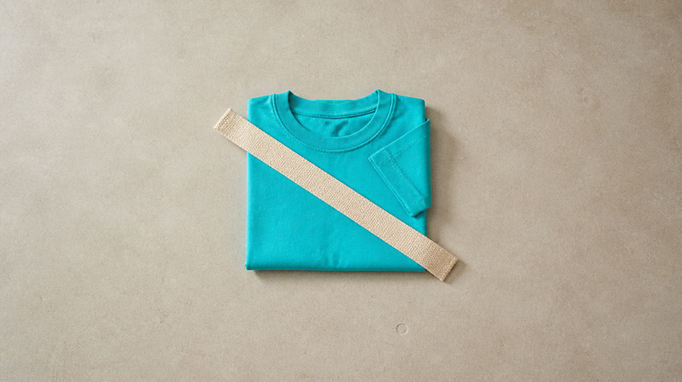 Overhead view of a folded teal cotton t-shirt on pale grey stone, with a flat woven webbing band lying across it and pressing into the jersey.