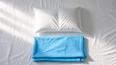 Overhead view of a bed made with white cotton percale sheets, a white pillow and a folded sky-blue cotton dohar in cool morning light