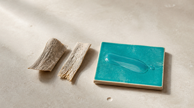 Strips of dried willow bark, the natural source of salicylic acid, beside a swipe of clear serum on a teal ceramic tile