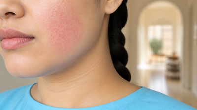 Close-up of a woman's cheek with a blotchy pink-red reactive patch, the kind of redness that can follow a new niacinamide serum