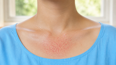 Prickly heat rash of tiny red bumps across the upper chest above the neckline of a light blue cotton kurta