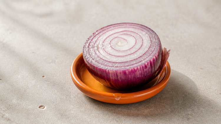 A red onion cut in half showing its concentric rings, in an orange ceramic saucer on pale stone