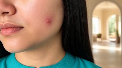 Close-up of a young woman's cheek with a single red, inflamed pimple, wearing a teal kurta