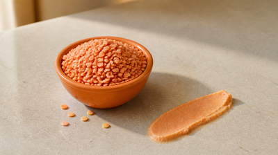 An orange bowl of split red masoor dal beside a swatch of red lentil face pack paste