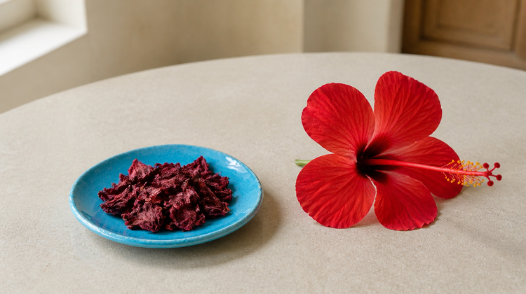 A fresh red hibiscus flower beside a blue saucer of dried hibiscus petals on pale stone