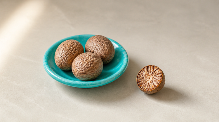 Three whole nutmeg seeds in a teal ceramic saucer beside a halved nutmeg on pale stone