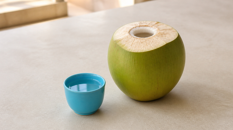 A young green coconut with its top cut open beside a blue cup of coconut water