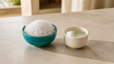 A teal bowl of coarse sea salt beside a small cup of clear water
