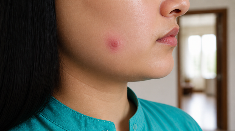 Close-up of a young woman's cheek with a single red, inflamed pimple