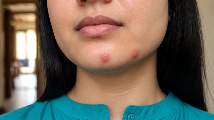Close-up of a young Indian woman's chin and jawline with two mild red acne spots, wearing a teal kurta